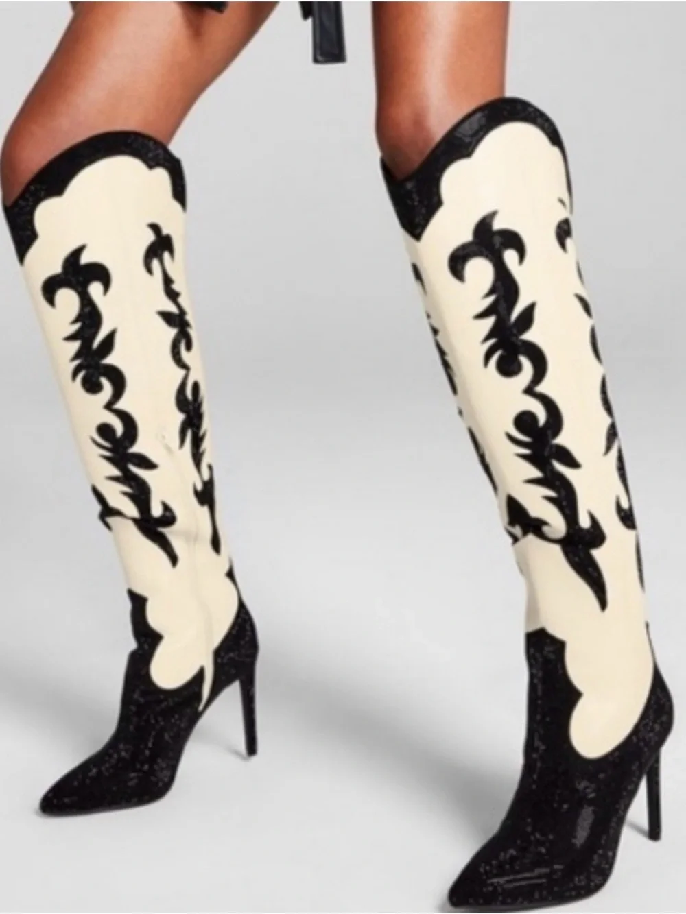 Tall Western-Inspired Knee Boots in Cream and Black